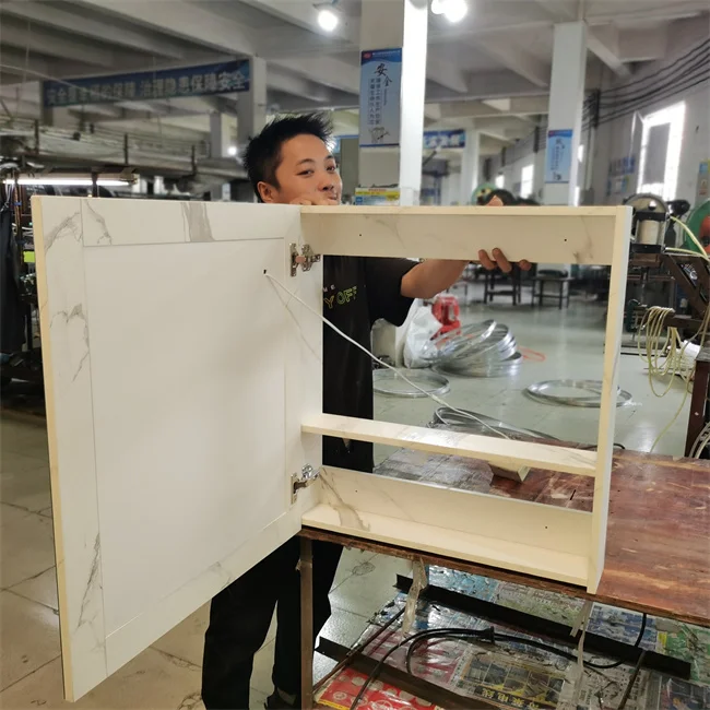 smart mirror cabinet bathroom vanity cabinet with LED clock touch sensor switch IP44 waterproof and anit-fog function