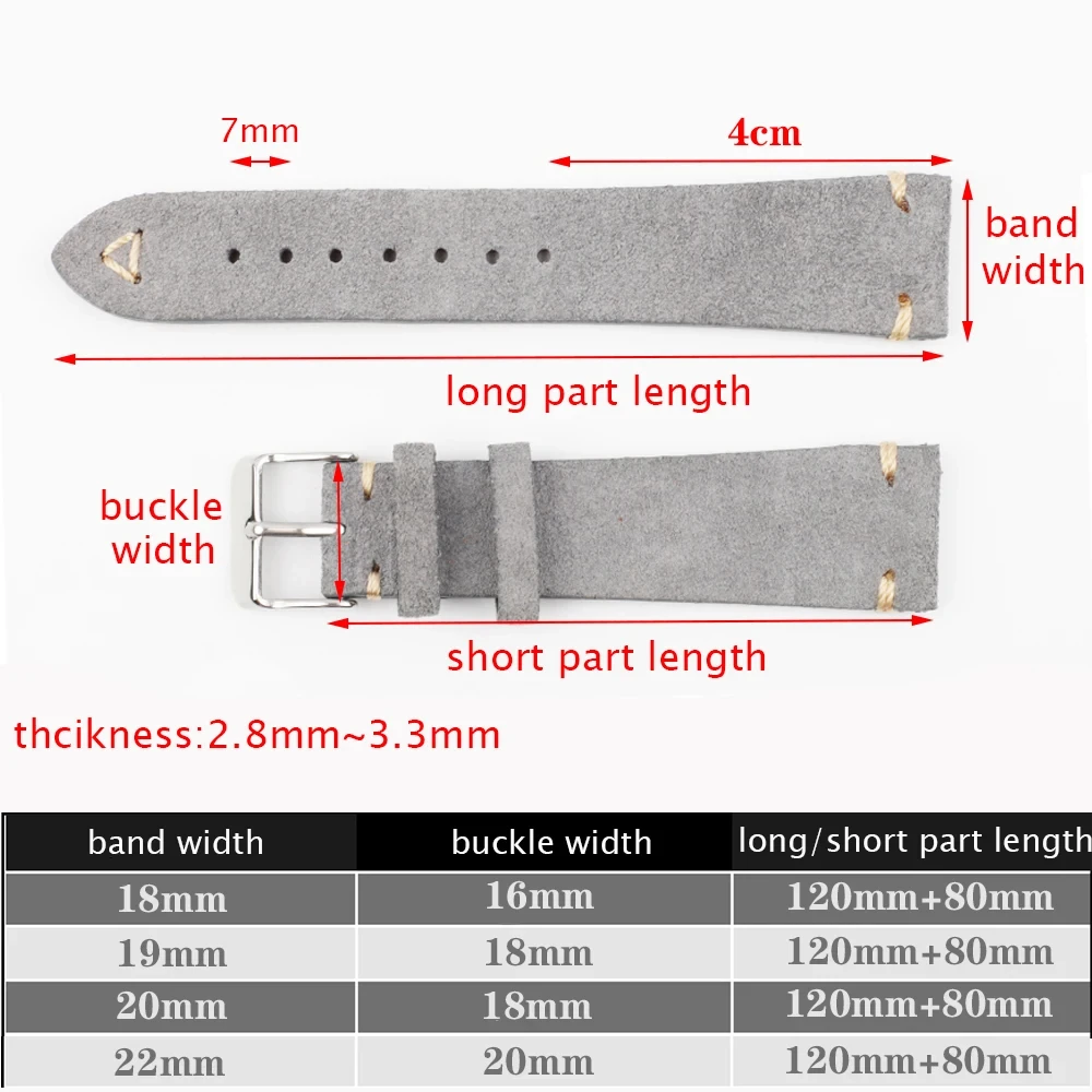 Suede Leather Watch Strap 18mm 19mm 20mm 21mm 22mm 24mm Grey Vintage Band Replacement Wristband Handmade Stitching Watchband