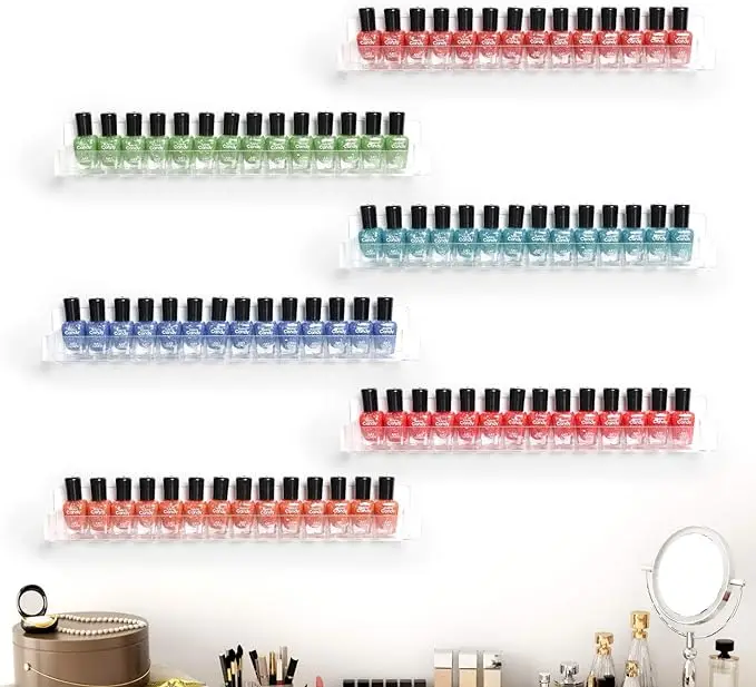 6 Pack Acrylic Clear Nail Polish Wall Mounted Holder, Nail Polish Shelf with Removable Anti-slip End Inserts for Store/Bathroom