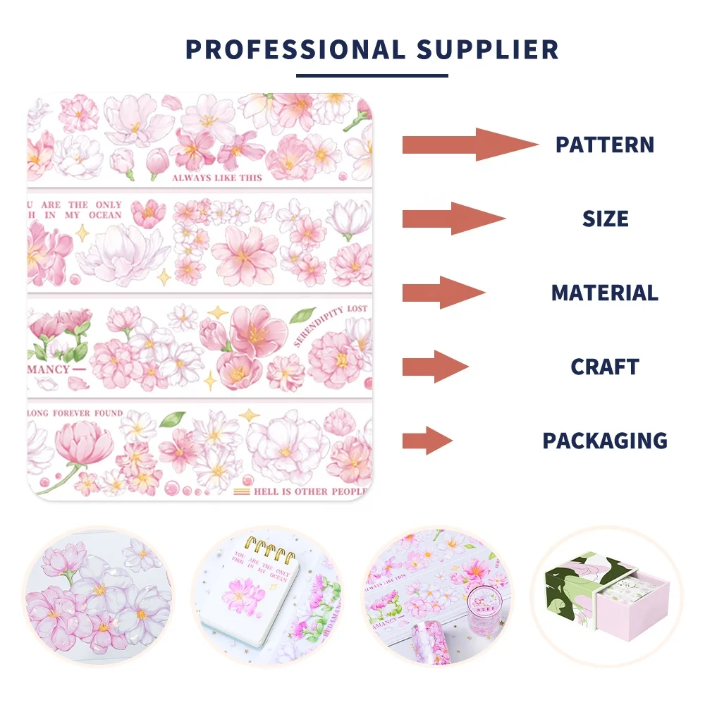 Flower Design PET Washi Tape Sticker Custom Transparent PET Tape Roll Raised Shell Holographic Foil High Quality PET Tape