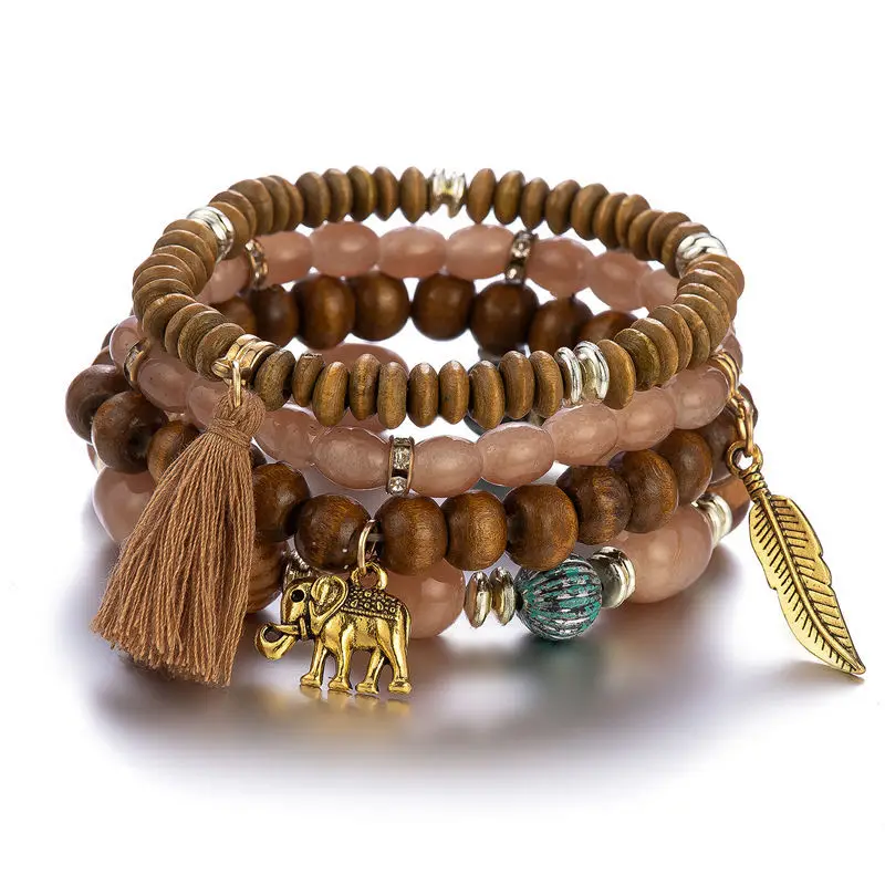 4pcs/set Wooden Beads Bracelets Women Bohemia Elephant Tassel Feather Charm Bracelets & Bangles Set Boho Vintage Jewelry Femme