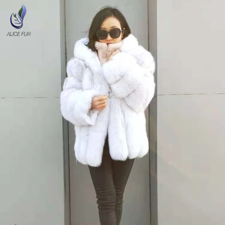 Soft comfortable popular short style genuine white fox fur coats 2019 woman with hood