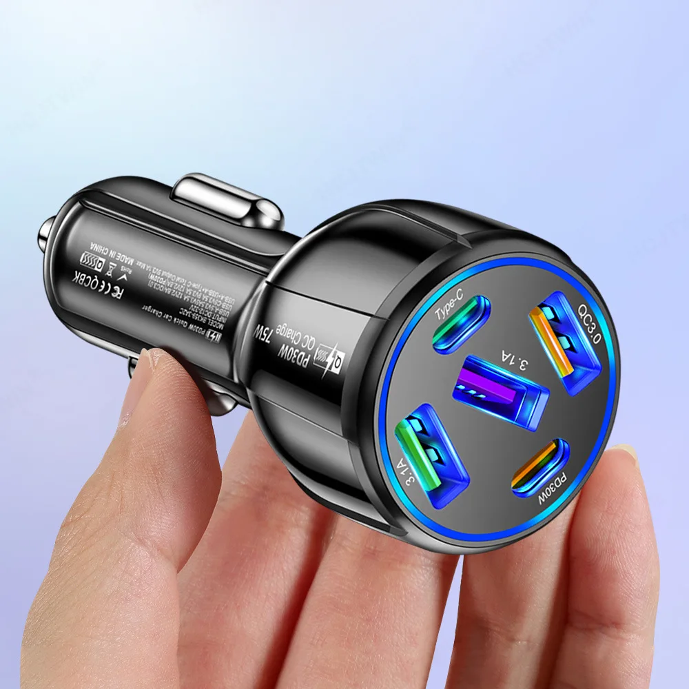 factory price 75W QC3.0 3USB+2 PD total 5 ports USB type c car charger mobile phone car charger For Iphone