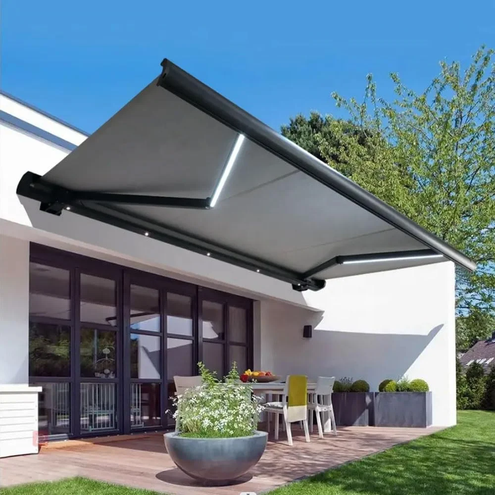 Electric Retractable Full Cassette Awnings For Balcony Patio Wall Attached Awnings With LED Lights