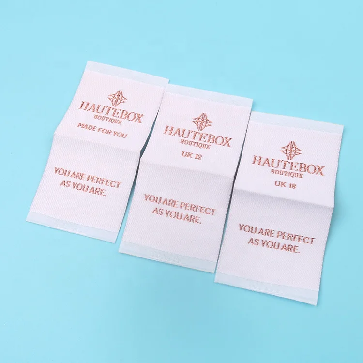 Personalized Custom Shiny Rose Gold Logo Center Folded High Quality Durable Polyester Garments Woven Size Hem Tags