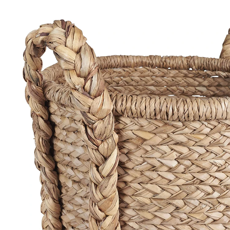 Large Wicker Floor Storage Basket with Braided Handle Light Brown