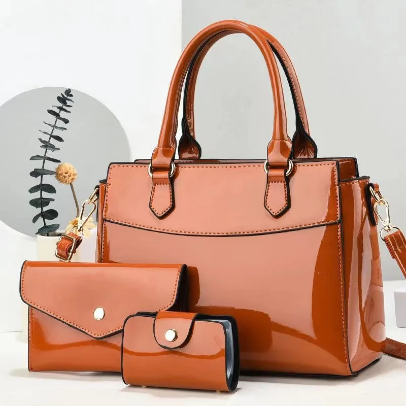 2024 Custom 3 in 1 Luxury Fashion Bright Surface Pu Leather Shoulder Bag Women Messenger Large-capacity Portable Lady Bag