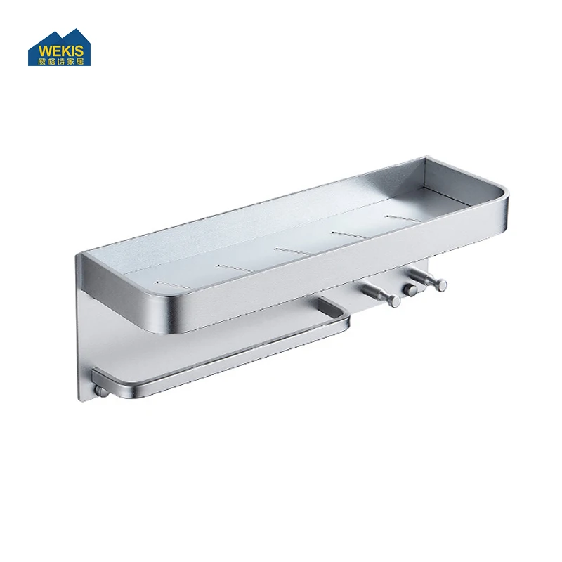 Wall Mounted Black Aluminum Bathroom Shelf Metal Self  Towel Hook Towel Rack Holder Shower Shelf