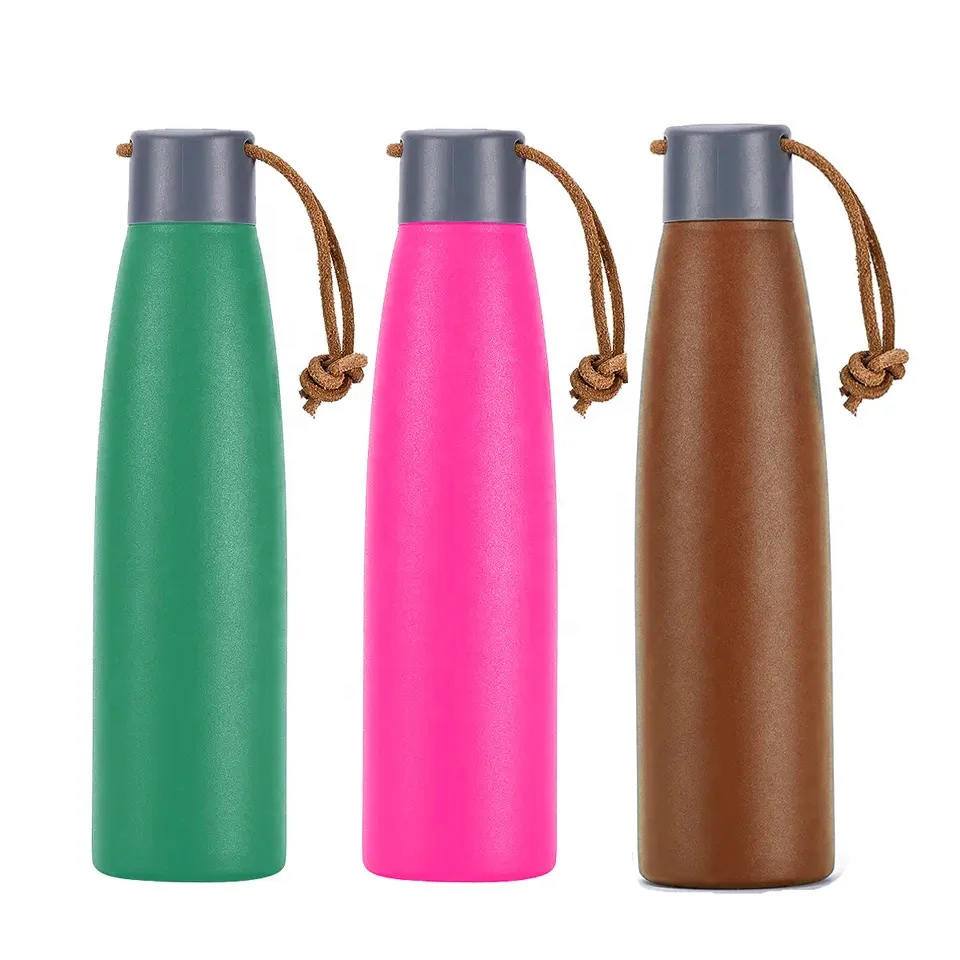 17oz 500ml Custom logo Double Layer Travel Stainless Steel Customized Bottles with Leather Rope Strap Lid