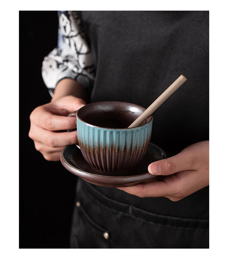 Japanese Retro Handmade Espresso Cup And Saucer Ceramic Set 220ml Striped Coffee Cup With Spoon And Saucer Set