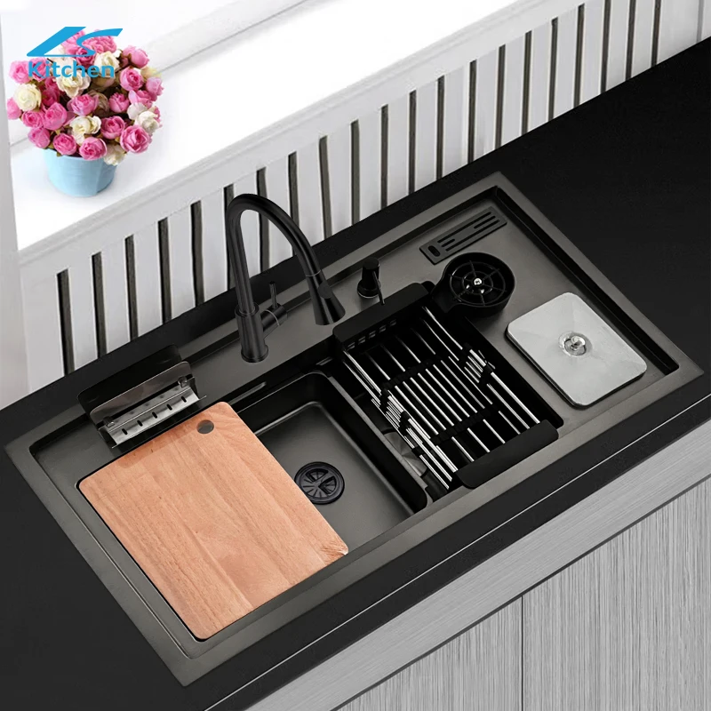 Stepped Nano Coating Stainless Steel Smart Kitchen Sink with Drain High Pressure Glass Washer for Sinks
