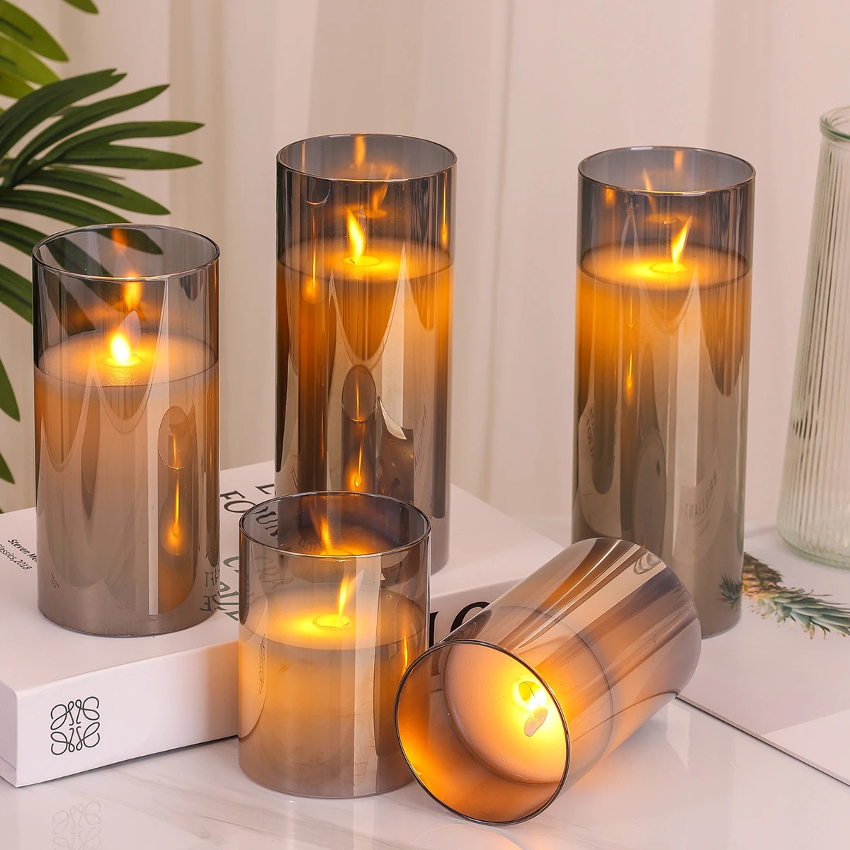 Grey Glass Real Wax  Flameless Led Candle Lights Lamp Electroplated gray  High Quality  Flameless D7.5*H10/12.5/15/17.5/20cm