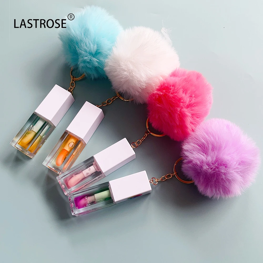 Keychain Moisturizing Lip Oil Private Label No Logo Clear Lipgloss Oil Vegan Cute KeyChain pompom Lip Gloss Protection Lip Balm