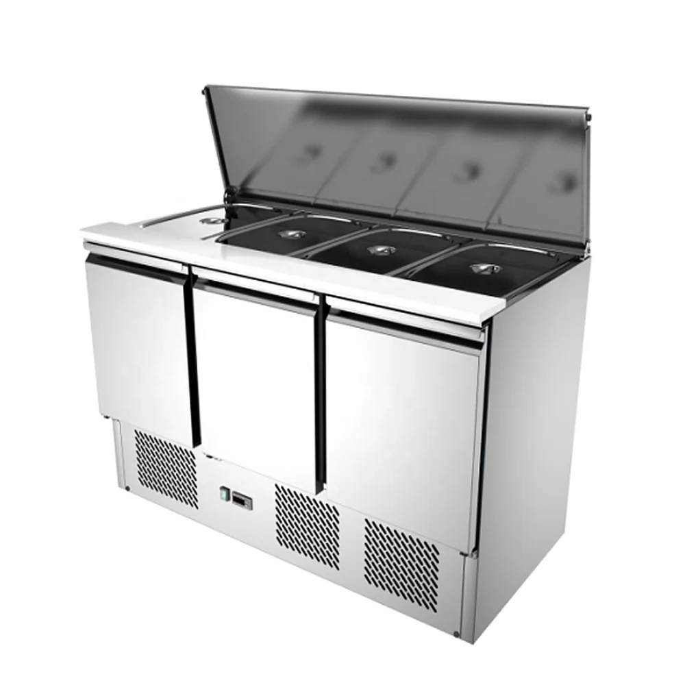 CE commercial restaurant refrigerated salad bar 390L 3 door saladette fridge
