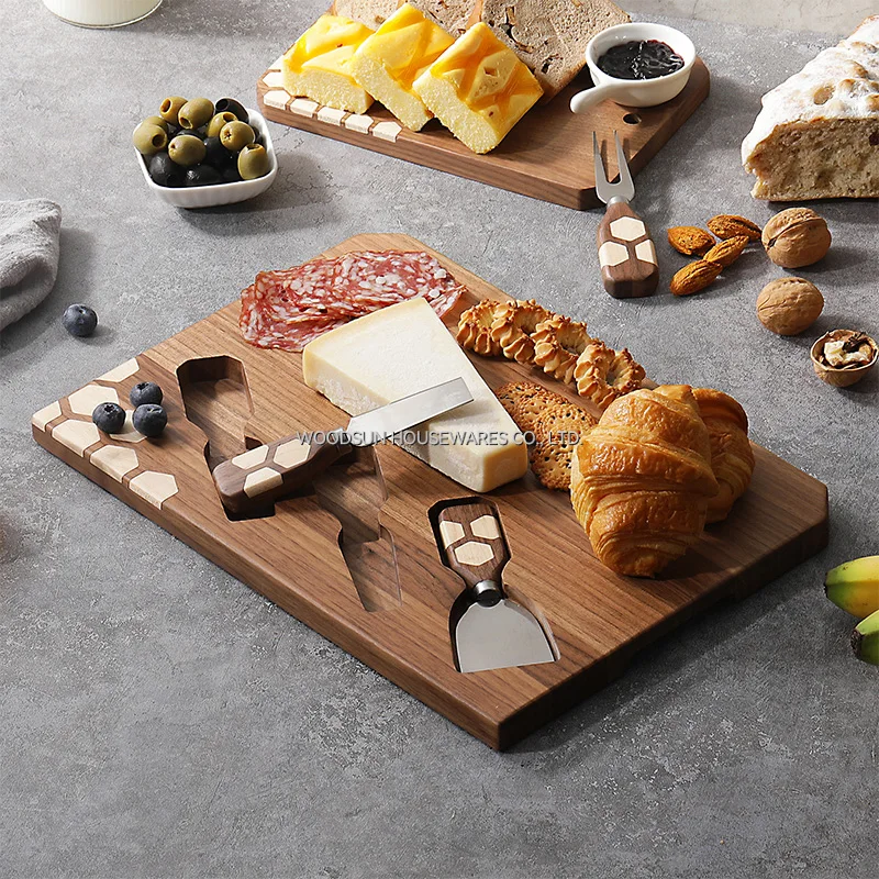 Woodsun Manufacturer 2024 Black Walnut Wooden Cheese Board and Knife Set for Sale Wood Charcuterie Serving Board