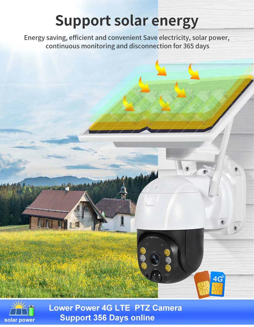 QEARIM solar battery powered outdoor security camera Low power PIR detection ICSEE 3g 4G LTE Sim card solar ip camera