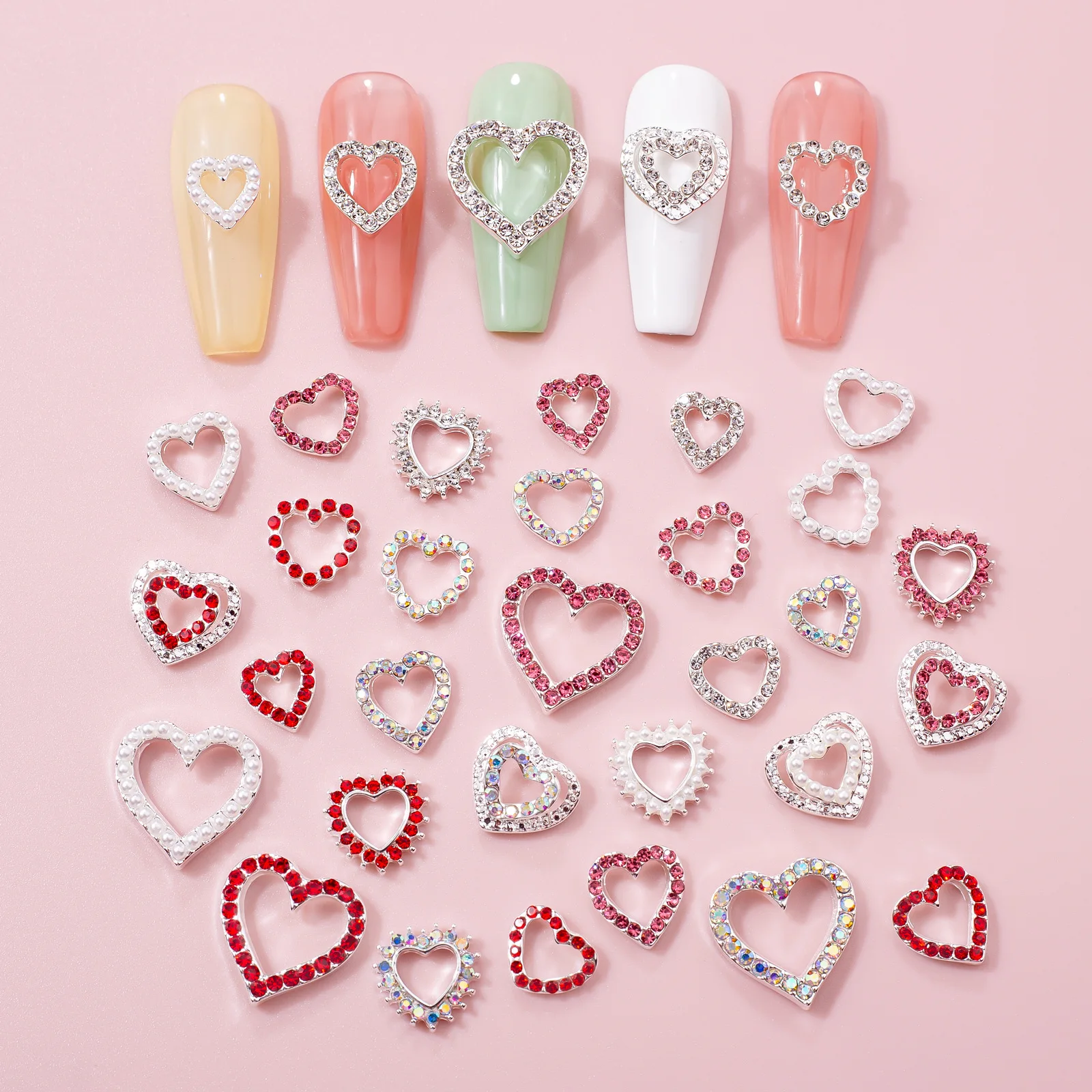 3D Nail Charms Shiny Luxury Colorful Nail Jewelry Crystals Diamonds Gemstone Heart Charms Metal Nail Art Decorations
