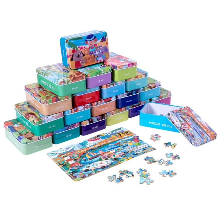Multi styles wooden animal puzzles kids 60 pieces Puzzles Board Game toy iron box packing