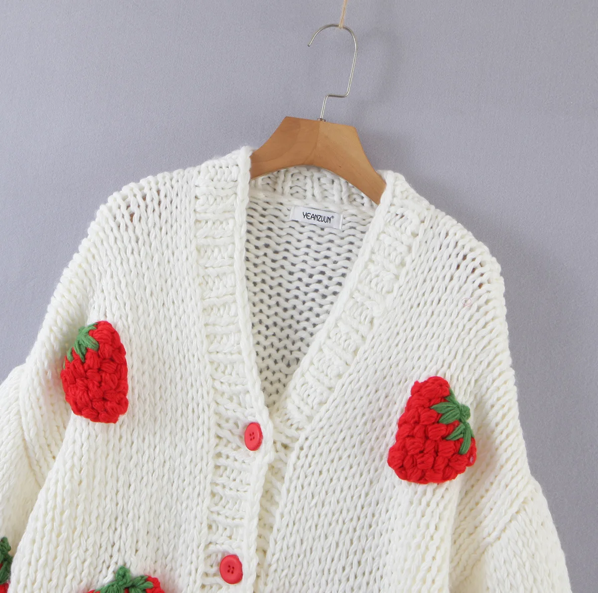 FYB Custom Handmade Strawberry Sweater Cardigan Cropped Sweater Puff Sleeve Crochet Cardigan Women