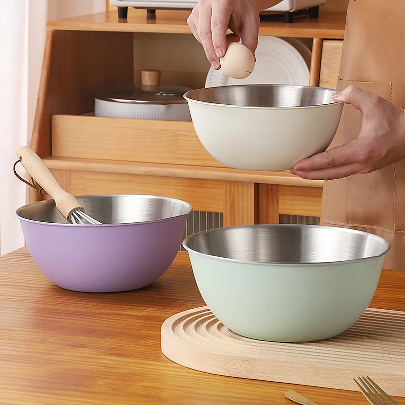 Korean Stainless Steel Colorful Salad Mixing Bowl With Scale Washing Basket Kitchen Baking Cake Batter Salad Basin Set