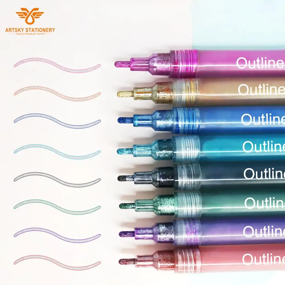 Металлические маркеры для контура, набор из 8 разноцветных контурных маркеров с двойной линией, ручки для журнала, товары для рукоделия