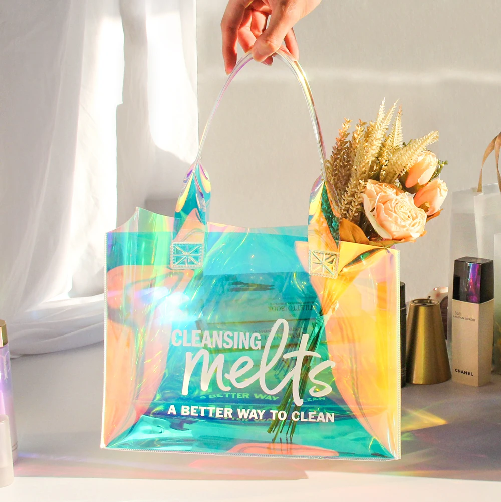 Fashion Women Clear Cosmetic Tote Bag Waterproof Pvc TPU Holographic Jelly Bag Shopper Ladies Shoulder Shopping Plastic Bag