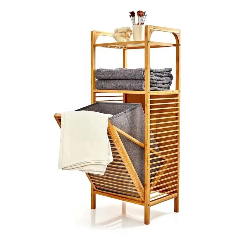 Bathroom Cabinet 3 Tiers Shelf Set Bamboo Laundry Basket