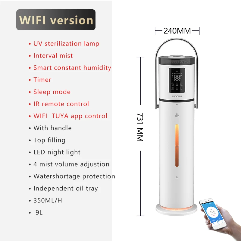 CB 9L/2.4Gal верхний наполнитель TUYA WIFI увлажнитель со светодиодной подсветкой для пожилых детей 300 мл/ч нано-распылитель тумана башня увлажнитель воздуха