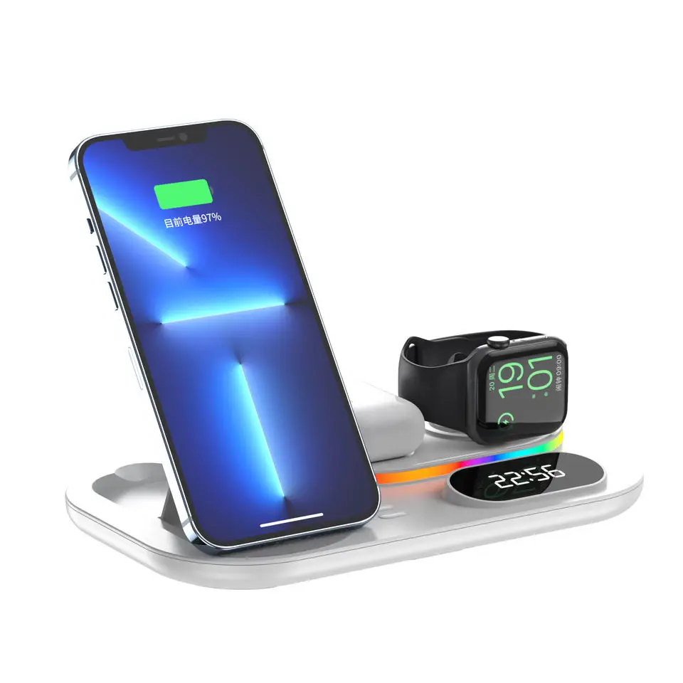 Multifunctional 4 in 1 Wireless Charging Station With Clock RGB Light Holder 30W Wireless Charger Pad For Apple Samsung Watch