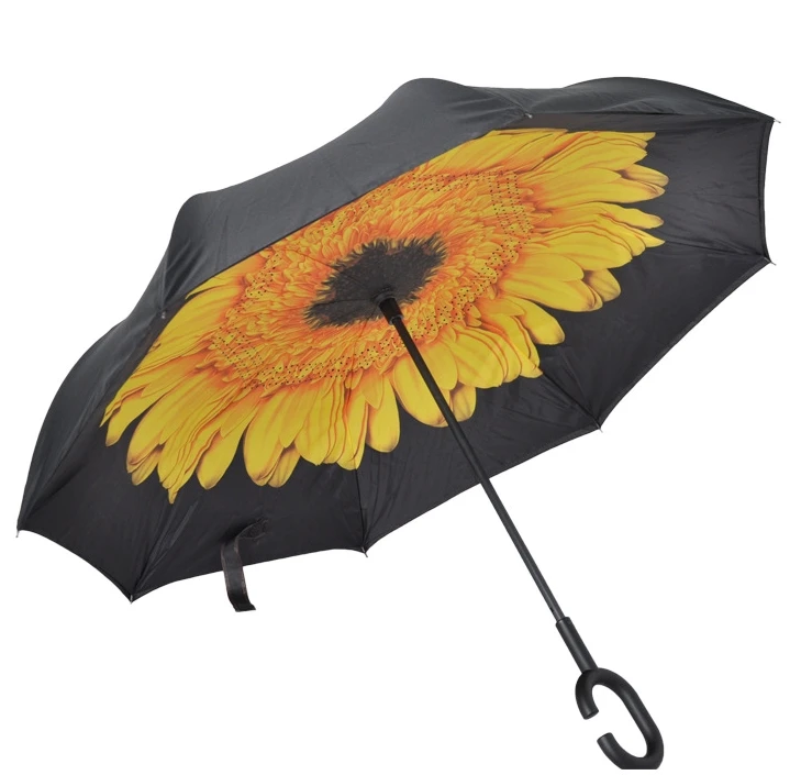 Custom Inverse Car Umbrella with Logo Double Layer Inside Out C Shape Handle Design Inverted Reverse Rain Umbrella