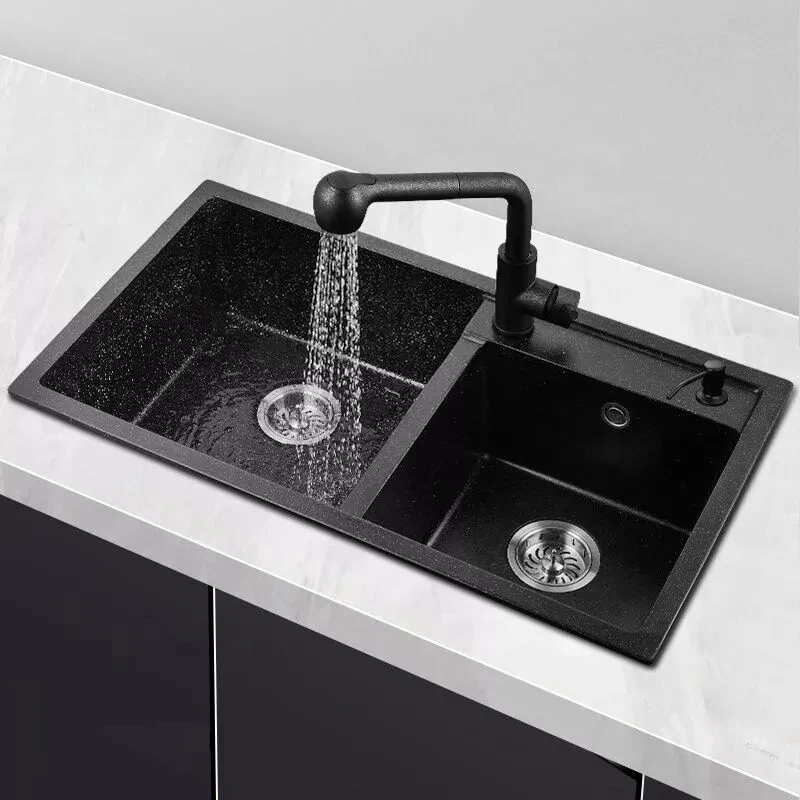 Black quartz sink customizable size double bowl modern undermount quartz stone farmer  kitchen sink