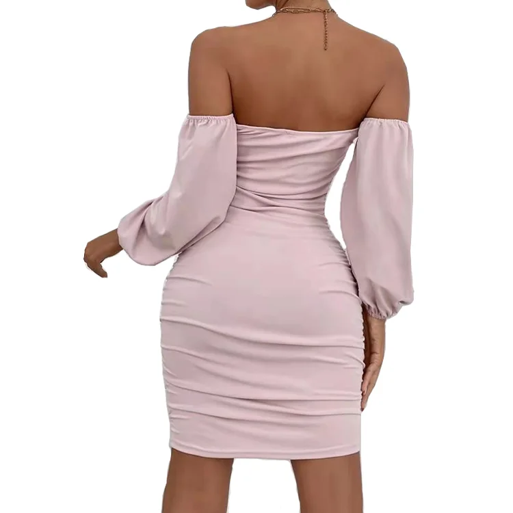 High Quality Women Party Club Dresses Ruched Off Shoulder Lantern Sleeve Bodycon Dress