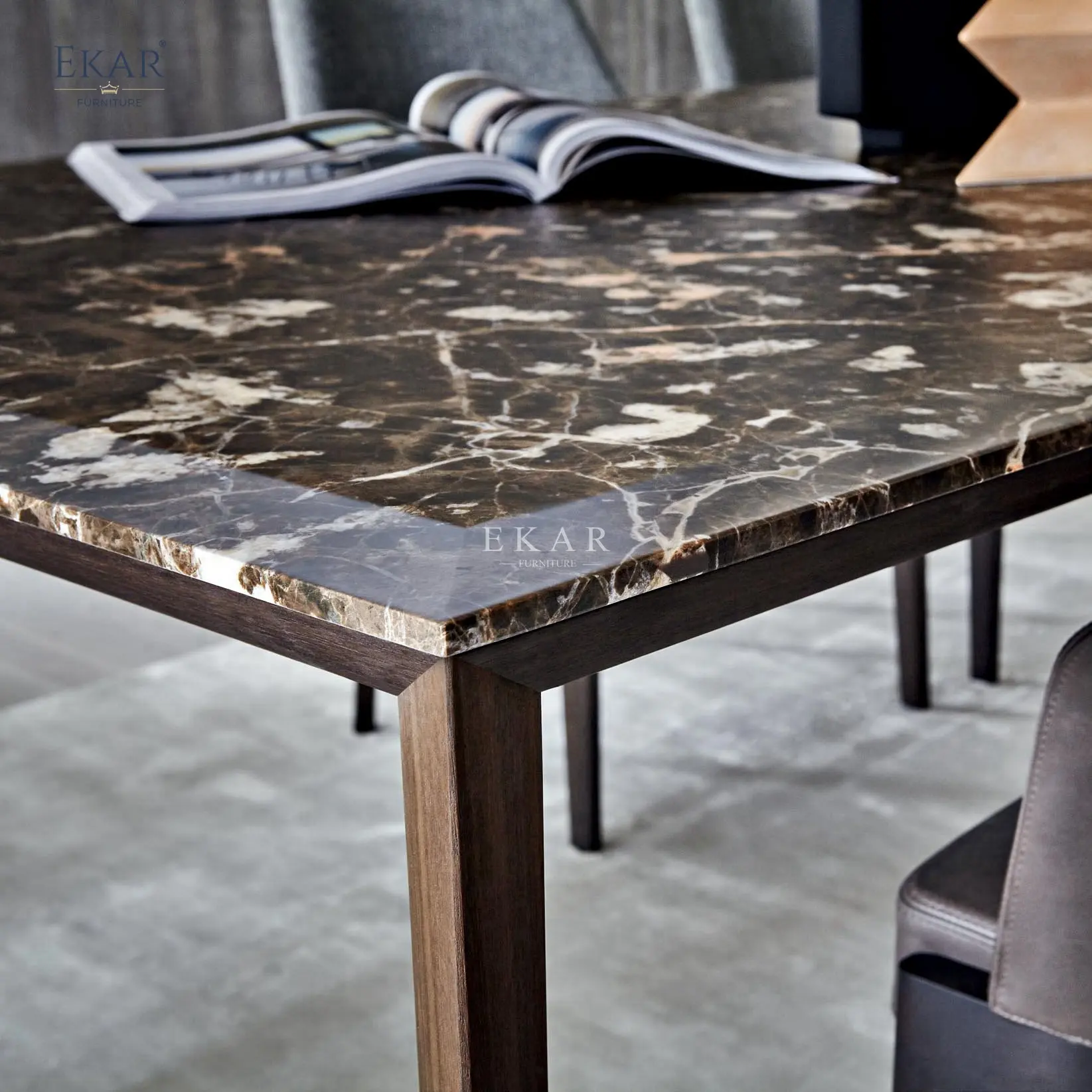 Modern Gold Inlay Dining Table with High Gloss Solid Steel Black Base for Home or Office Furniture