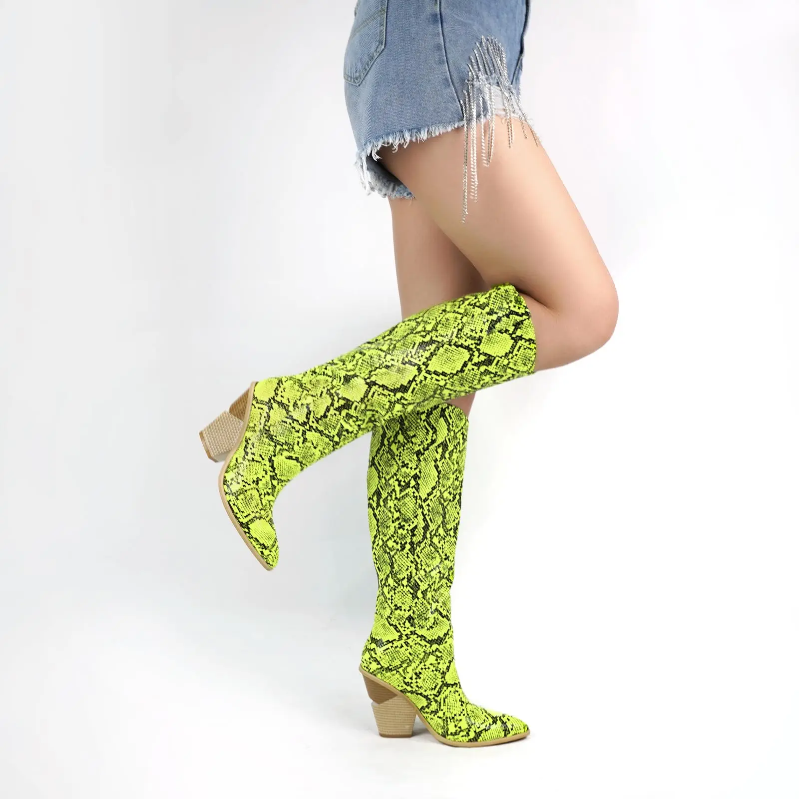 Women Western Snake Print Snakeskin Chunky Heel Pointed Toe Knee High Cowgirl Cowboy Boots