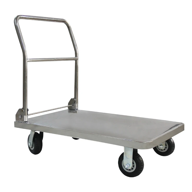 SUS 304 stainless steel trolley flatbed heavy rubber wheel turnover car platform foldable hand trolley rolling storage cart