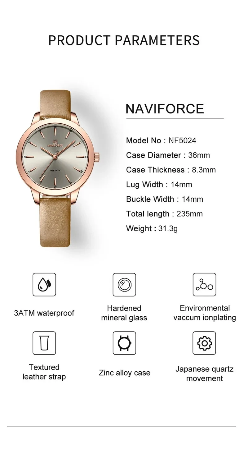 NAVIFORCE 5025 Classical Leather Wristwatch New Arrival Fashional Ladies Minimalist Watch 30M Waterproof Japan Movt High Quality