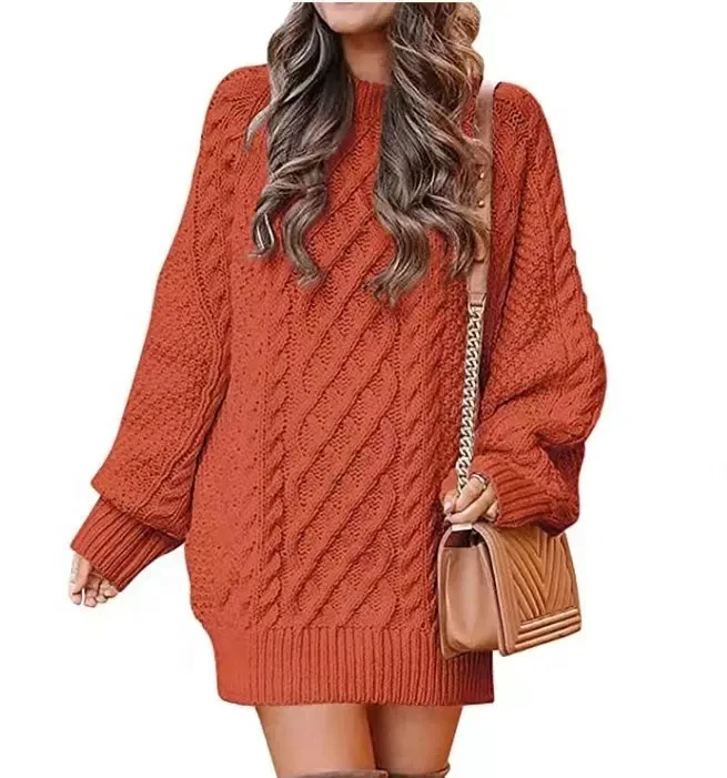 Cable Knitted Sweater Dress Casual Solid Color Long Sleeve Ladies Dress
