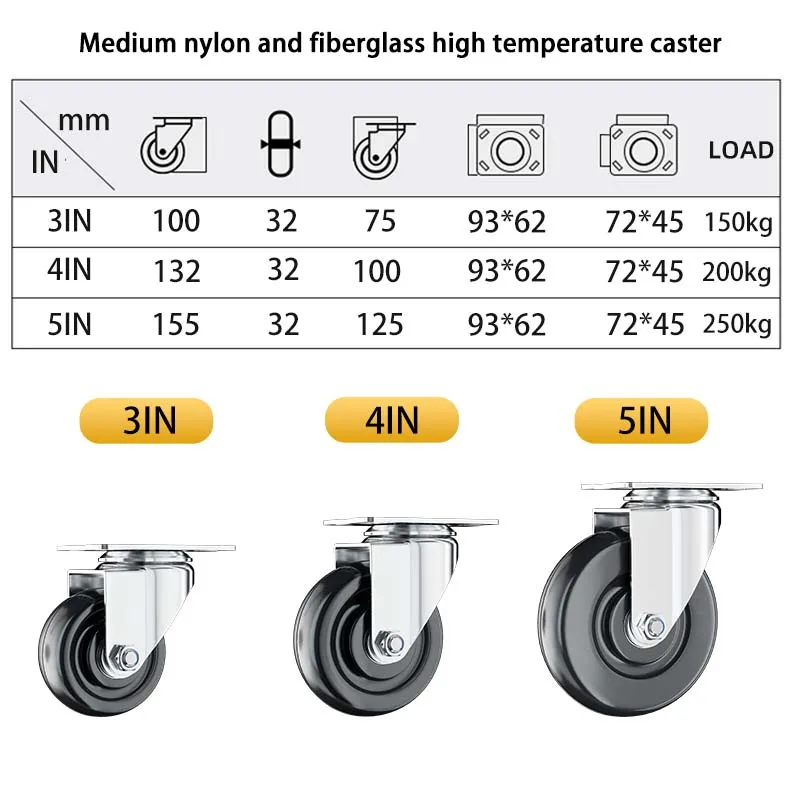 3/4/5/6/8  Inch Baking Trolley Castor High Temperature Swivel Heavy Duty Glass Filled Nylon Casters For BBQ and bakery