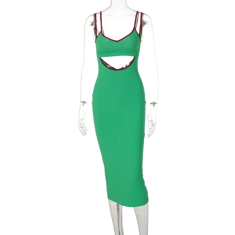Lagerfe D1C7572G Green Stripe Knitted Hollow Out Strap Midi Dress Bodycon Sexy Party Club Festival 2022 Summer Casual Clothes