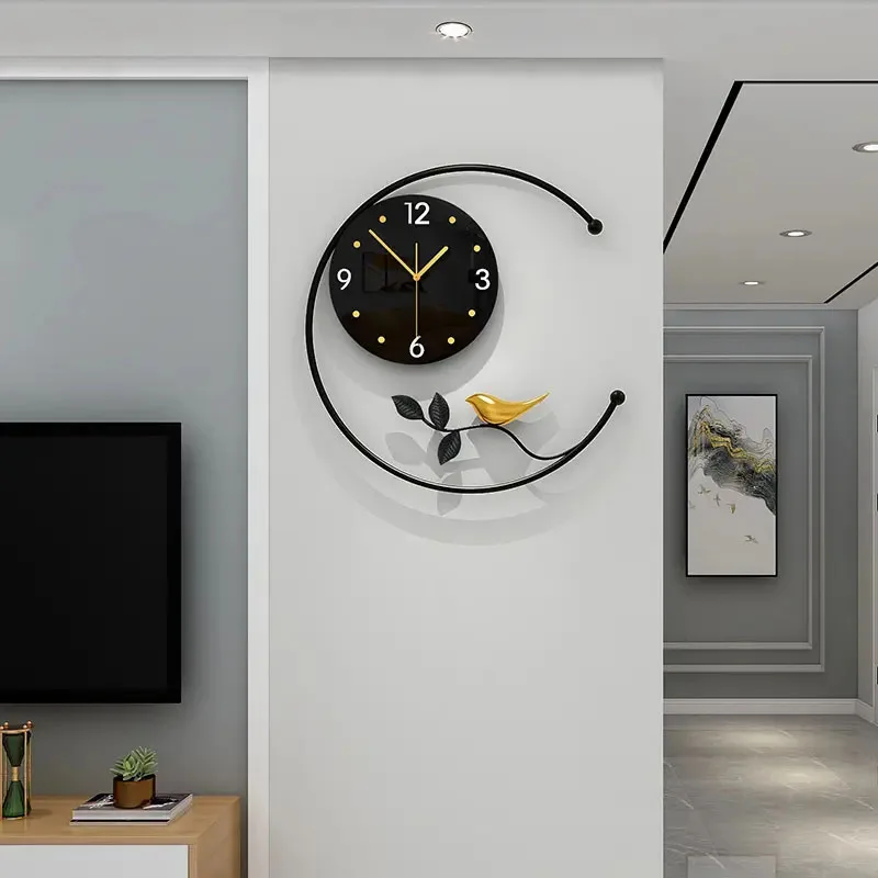 45*46cm Nordic Minimalist Round Shape Metal Wall Clock With Bird Home Decor Wall Hanging Clocks For Sale