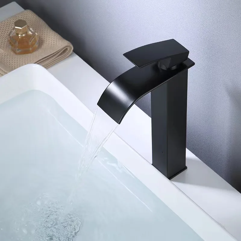 Unique Bathroom Waterfall Stainless Steel  Lavatory Vessel High Bathroom Sink Faucet Deck Mounted Tall Basins Faucet
