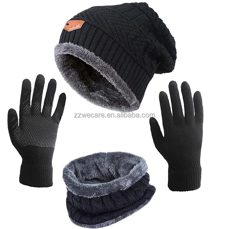 Winter Warm Soft Knitted Velvet Skullies Beanies Hats Scarves Gloves Set for Women Men