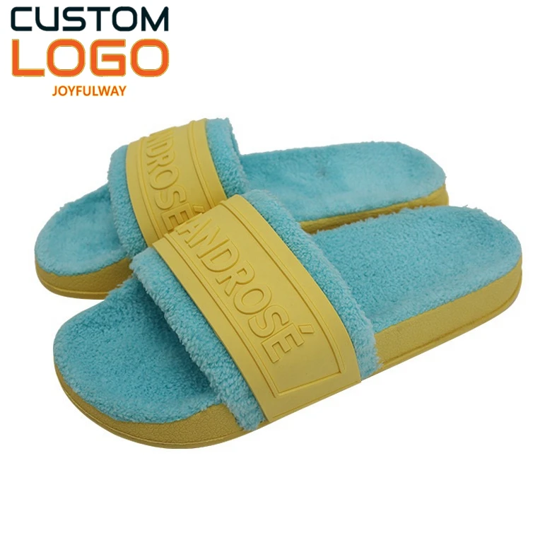 2022 custom logo furry slippers unisex, PVC plush sports indoor outdoor rubber slides slippers custom