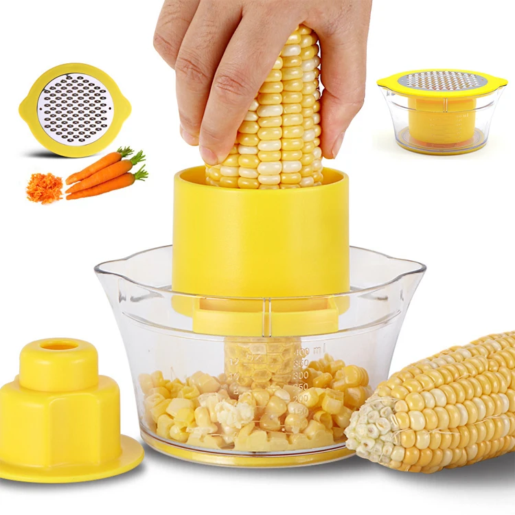 No Electricity No Noise Corn Stripper, 4 in 1 Corn Shucker Tool Corn Holder, with Built-In Measuring Cup Grater