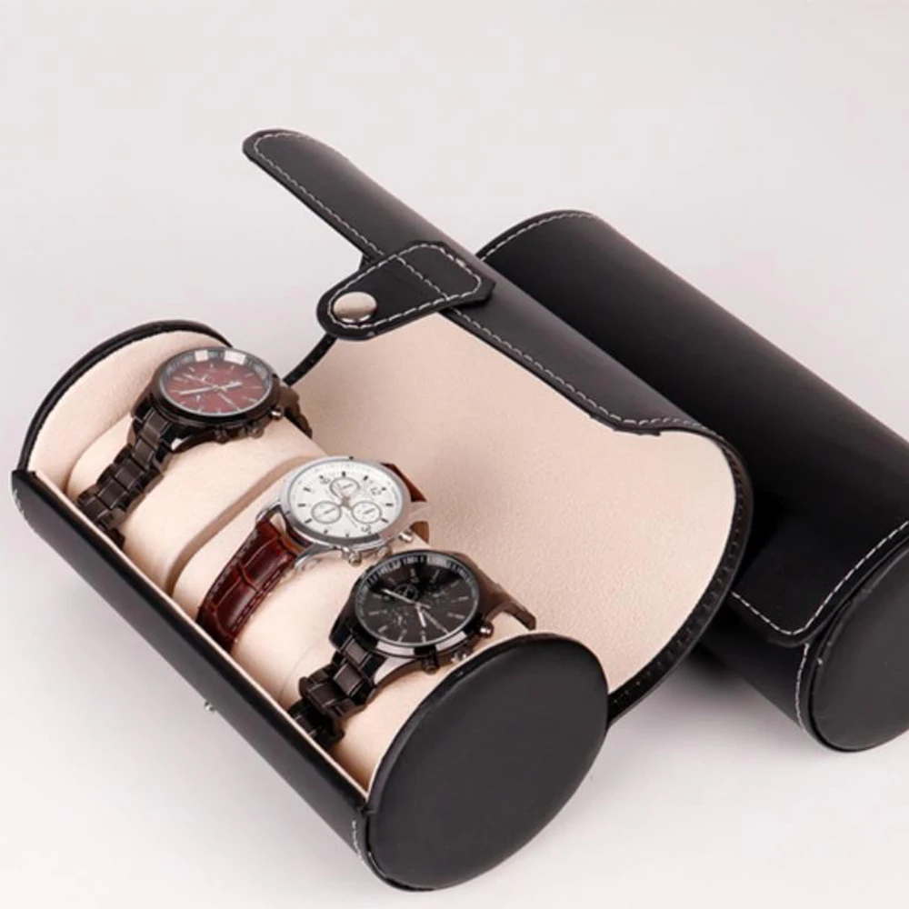 
PU leather 3 piece cylinder watch box jewelry watch storage display packaging box Custom PU velvet gift packaging 