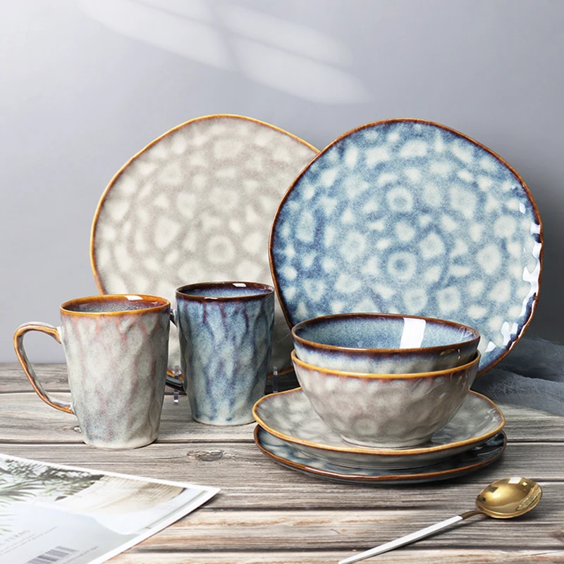 Custom Home Decor Tableware Reacitve Glazed Blue Kitchen Japanese Dinnerware Plate Bowl Hand Made Ceramic Dinnerware Set