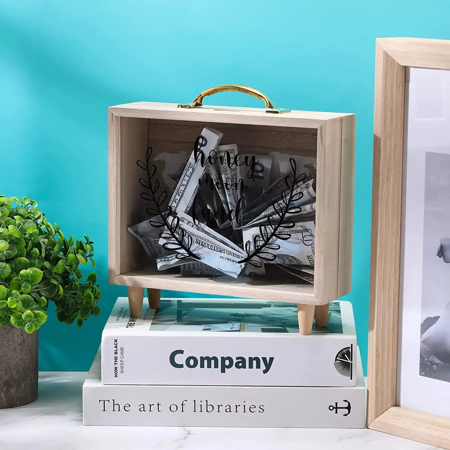 Honeymoon Fund Box Shadow Money Box Decorative Savings Box Suitcase Wooden Piggy Banks Wedding Wood Bank Coin Bank for Adults