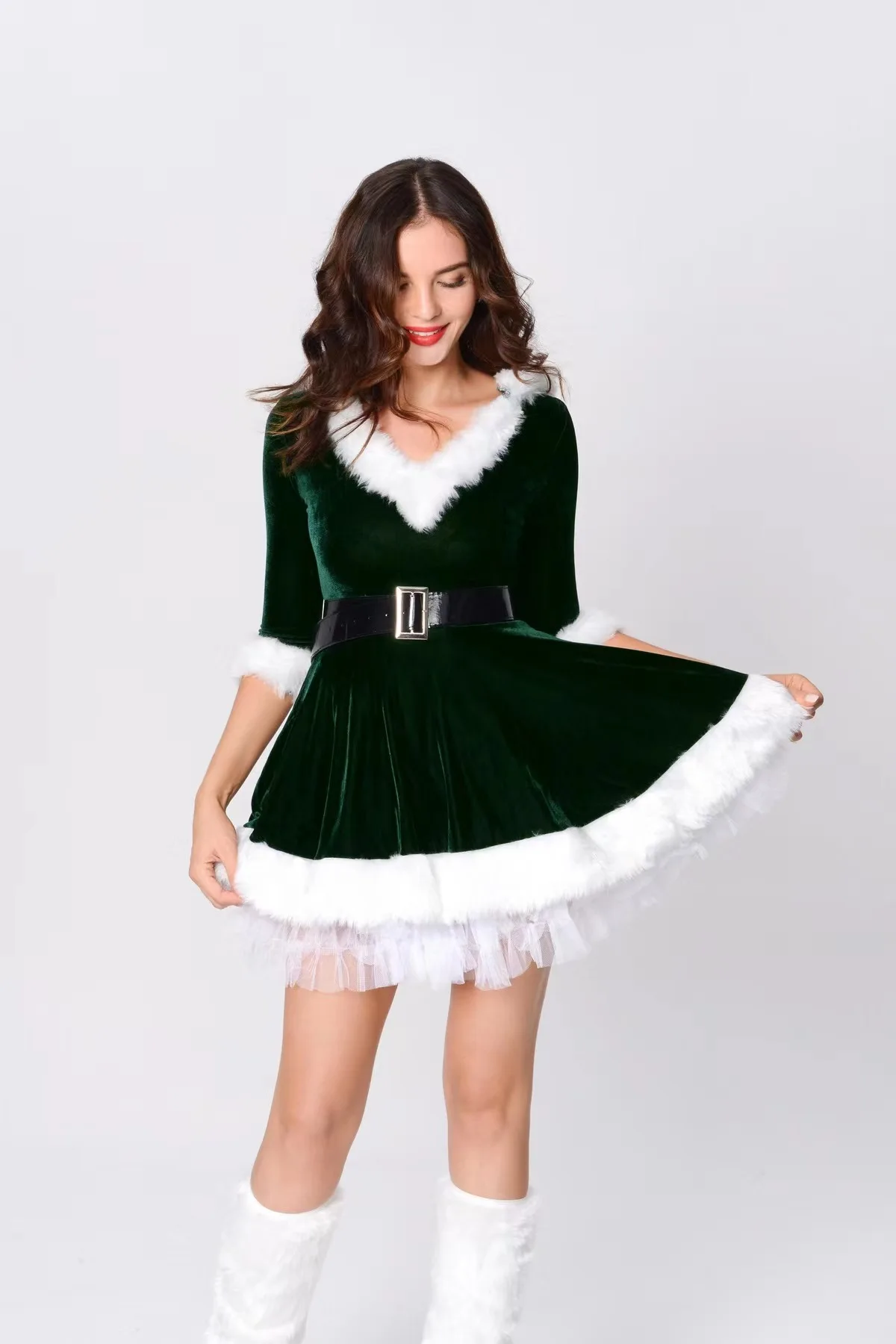 Miss Santa Claus Outfits Women Christmas Dresses Adult Costume Ladies Fancy Dress Xmas Winter Vestidos with Petticoat and Belt