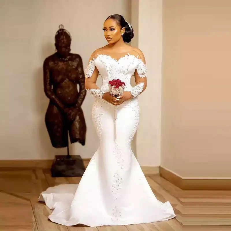 2024 African women plus size vestidos de novia illusion long sleeves sexy mermaid bridal gown wedding dress