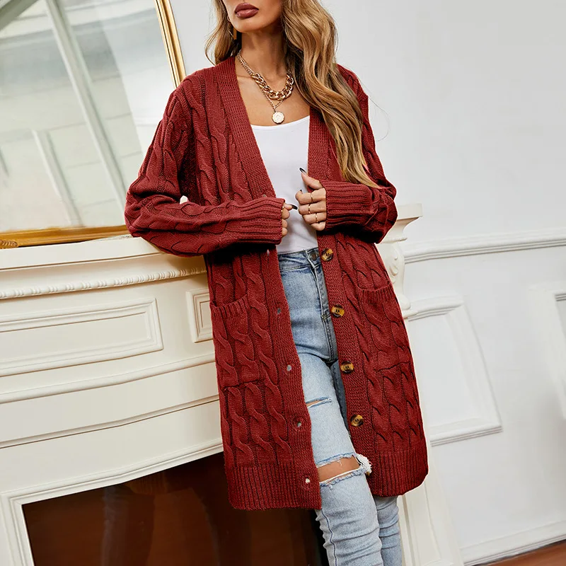 RTS Wholesale Button Down Pocketed Knit Fall Winter Long Cardigan Sweater For Ladies